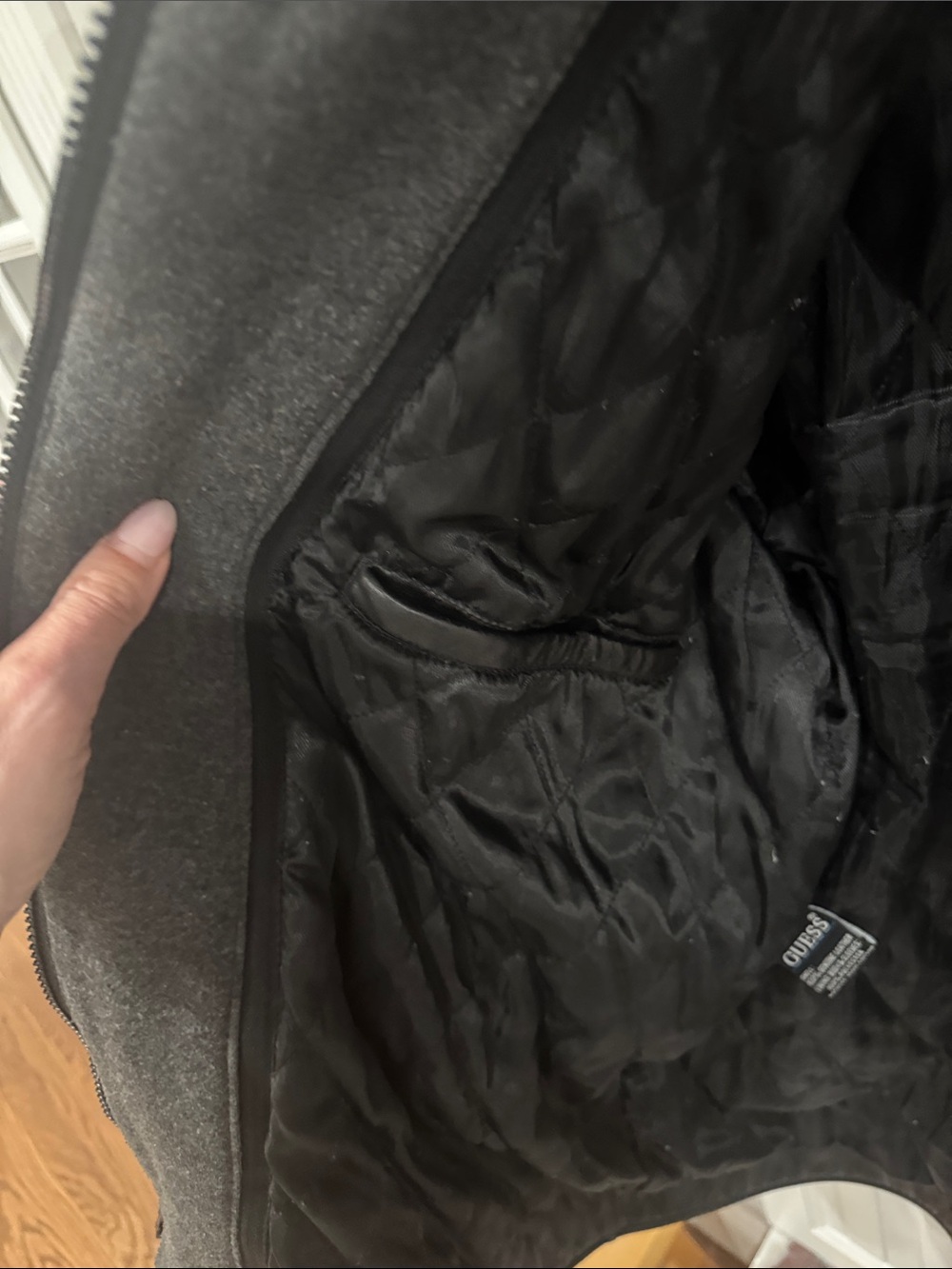 GUESS Black Leather Military-Style Jacket with Gray Knit Hood - Picture 5 of 6